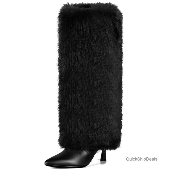 Kitten Heel Knee High Faux Fur Boots Pointed Toe Fold Over Side Zipper
